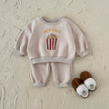 Fun Popcorn Print Baby Winter Fleece Set Crew Neck Sweatshirt Casual Pants