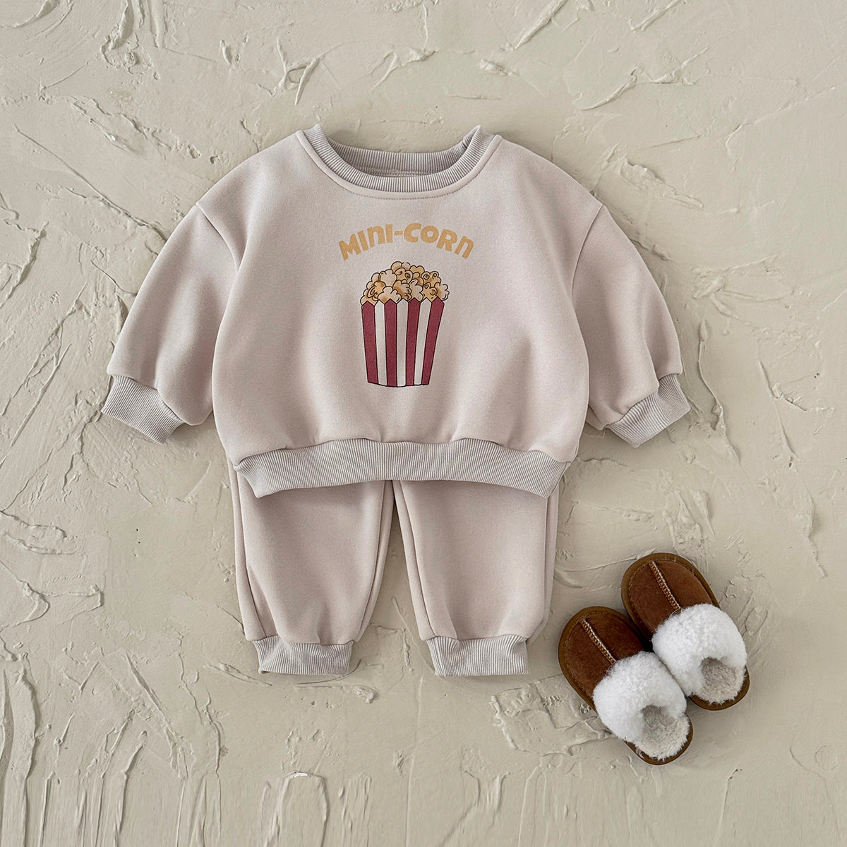 Fun Popcorn Print Baby Winter Fleece Set Crew Neck Sweatshirt Casual Pants