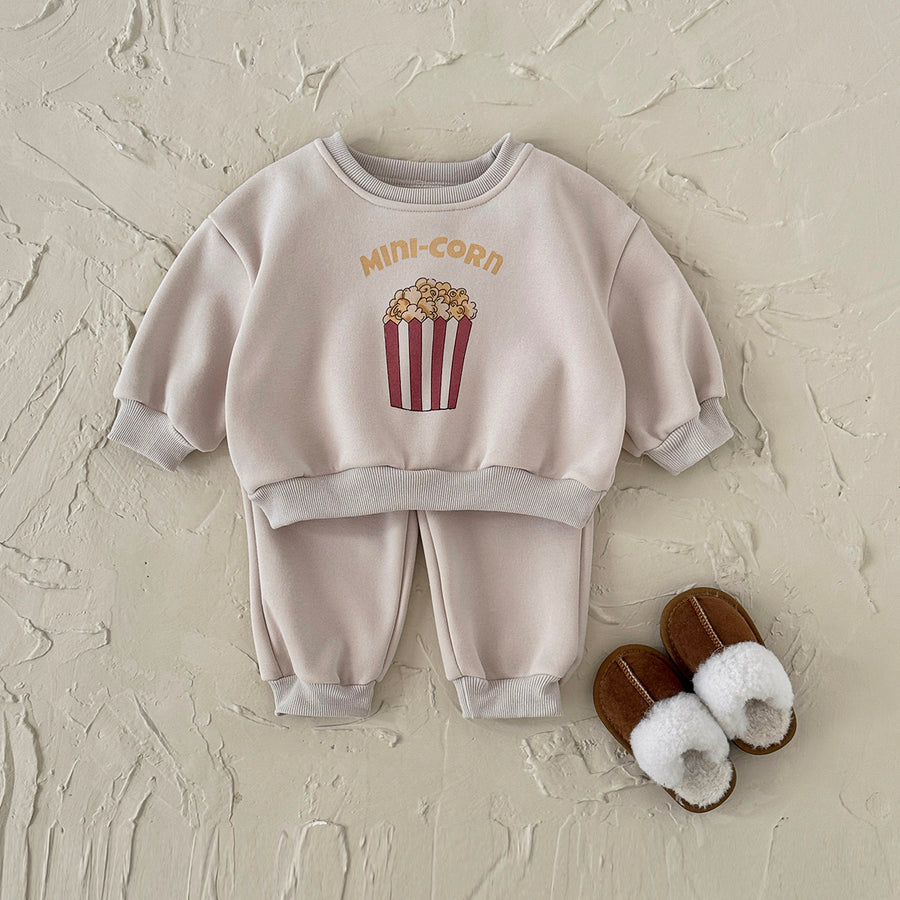 Fun Popcorn Print Baby Winter Fleece Set Crew Neck Sweatshirt Casual Pants