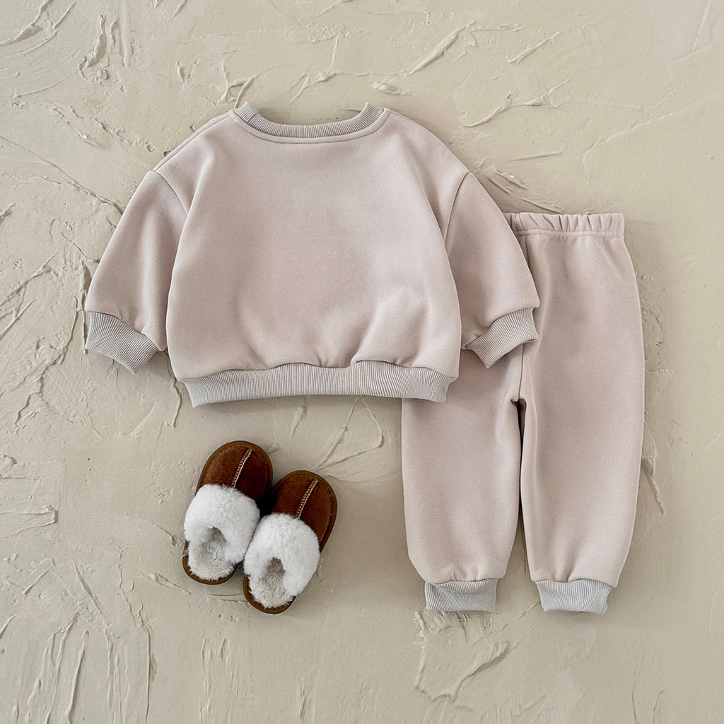 Fun Popcorn Print Baby Winter Fleece Set Crew Neck Sweatshirt Casual Pants