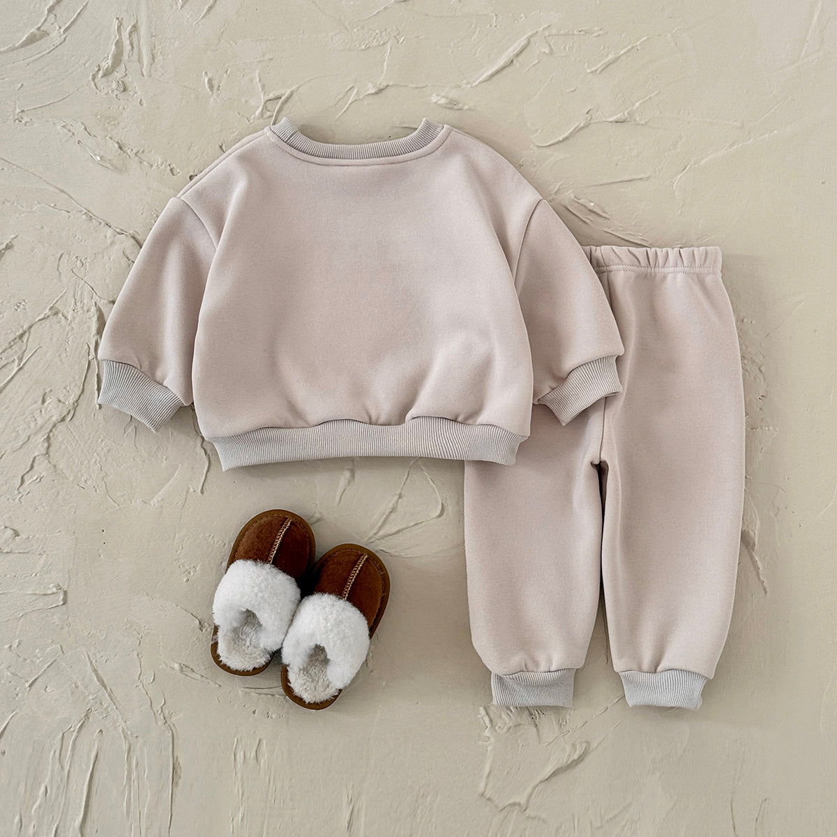 Fun Popcorn Print Baby Winter Fleece Set Crew Neck Sweatshirt Casual Pants