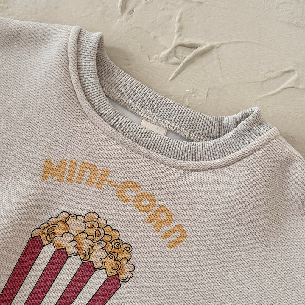Fun Popcorn Print Baby Winter Fleece Set Crew Neck Sweatshirt Casual Pants