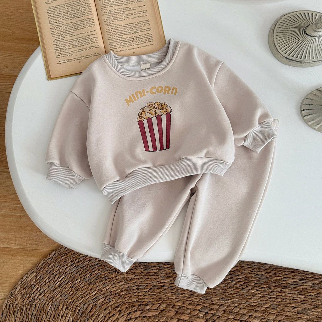 Fun Popcorn Print Baby Winter Fleece Set Crew Neck Sweatshirt Casual Pants