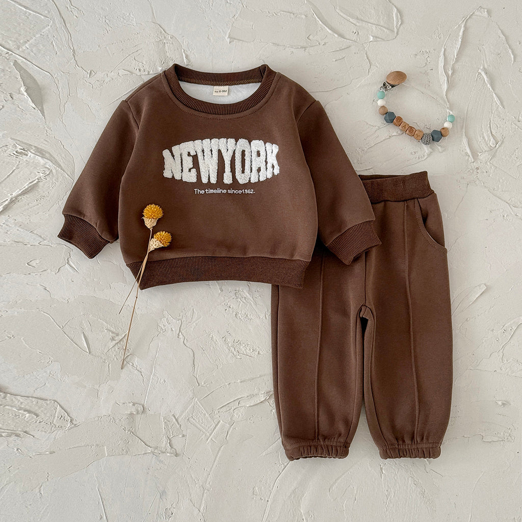 Dark Brown Toddler Fleece 2Pcs Letter Sweatshirt Pocket Jogger Warm Outfit