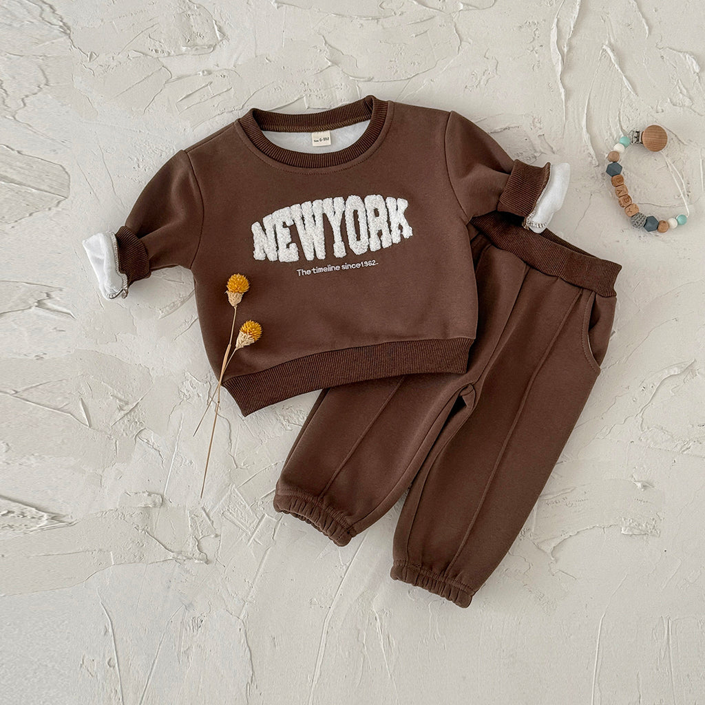 Dark Brown Toddler Fleece 2Pcs Letter Sweatshirt Pocket Jogger Warm Outfit