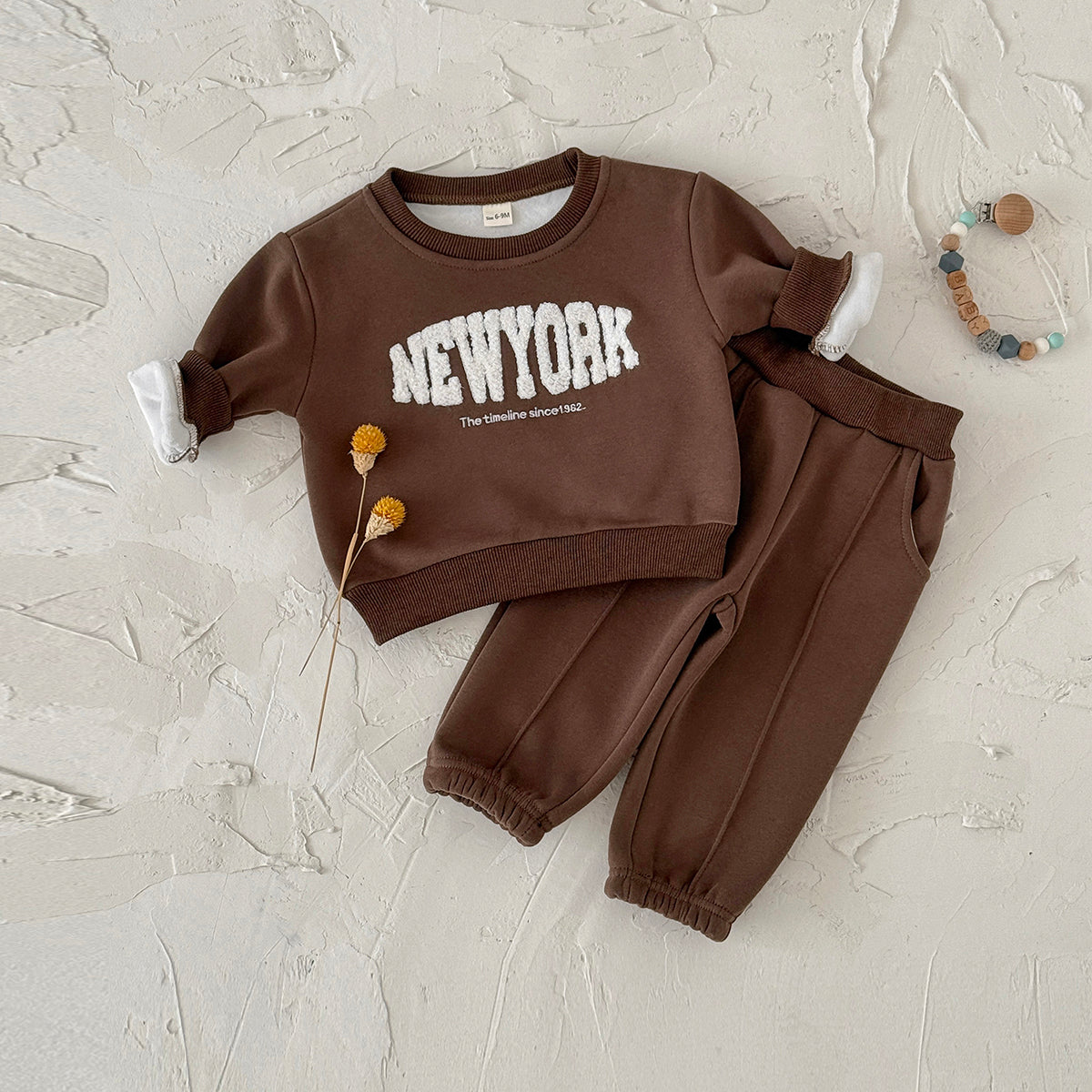 Dark Brown Toddler Fleece 2Pcs Letter Sweatshirt Pocket Jogger Warm Outfit
