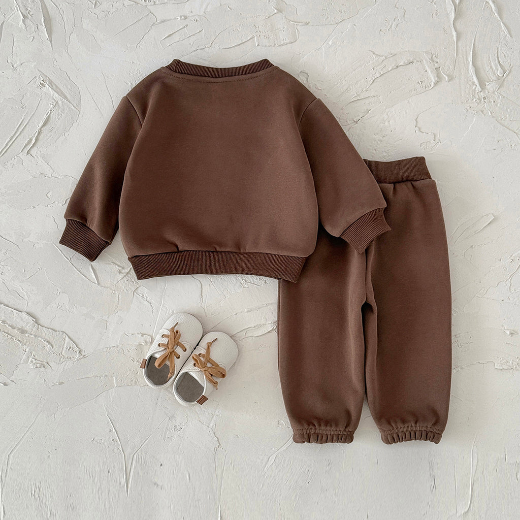 Dark Brown Toddler Fleece 2Pcs Letter Sweatshirt Pocket Jogger Warm Outfit