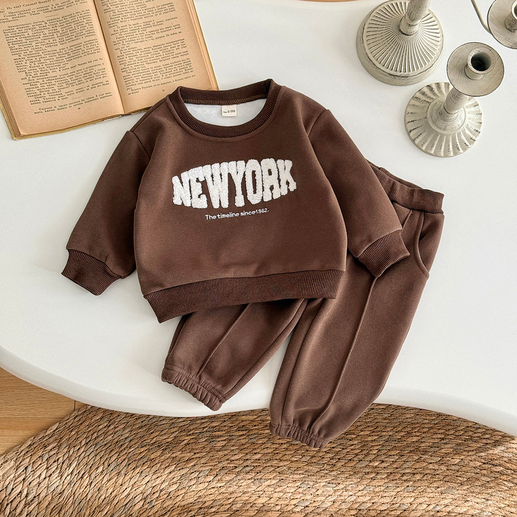 Dark Brown Toddler Fleece 2Pcs Letter Sweatshirt Pocket Jogger Warm Outfit