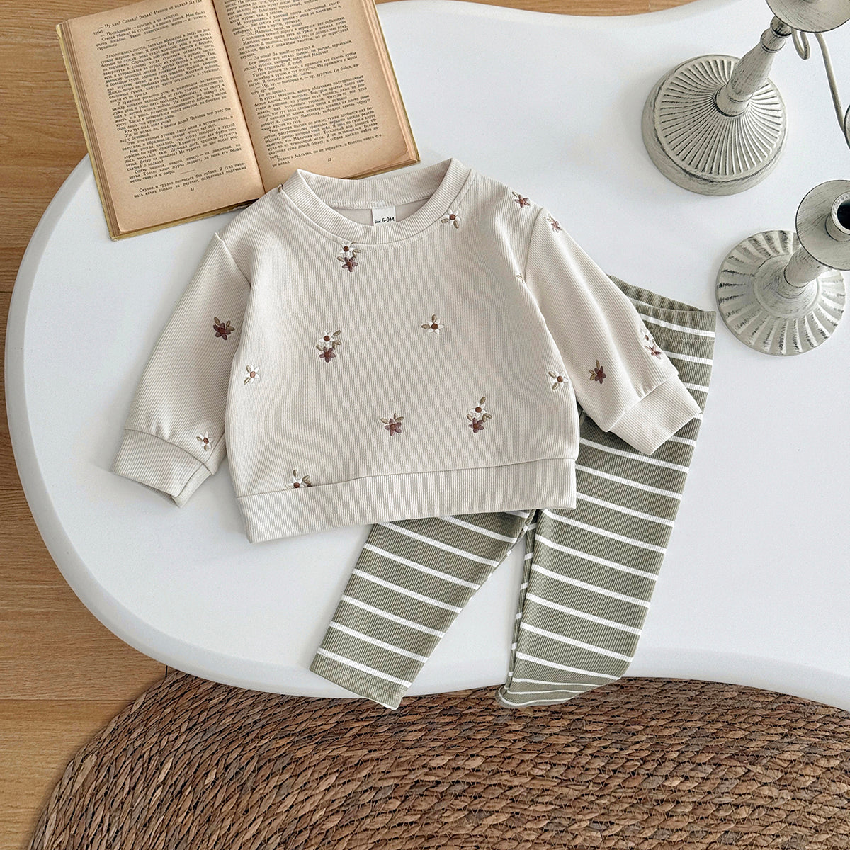 Baby girl floral embroidery pants set for ages 0-3