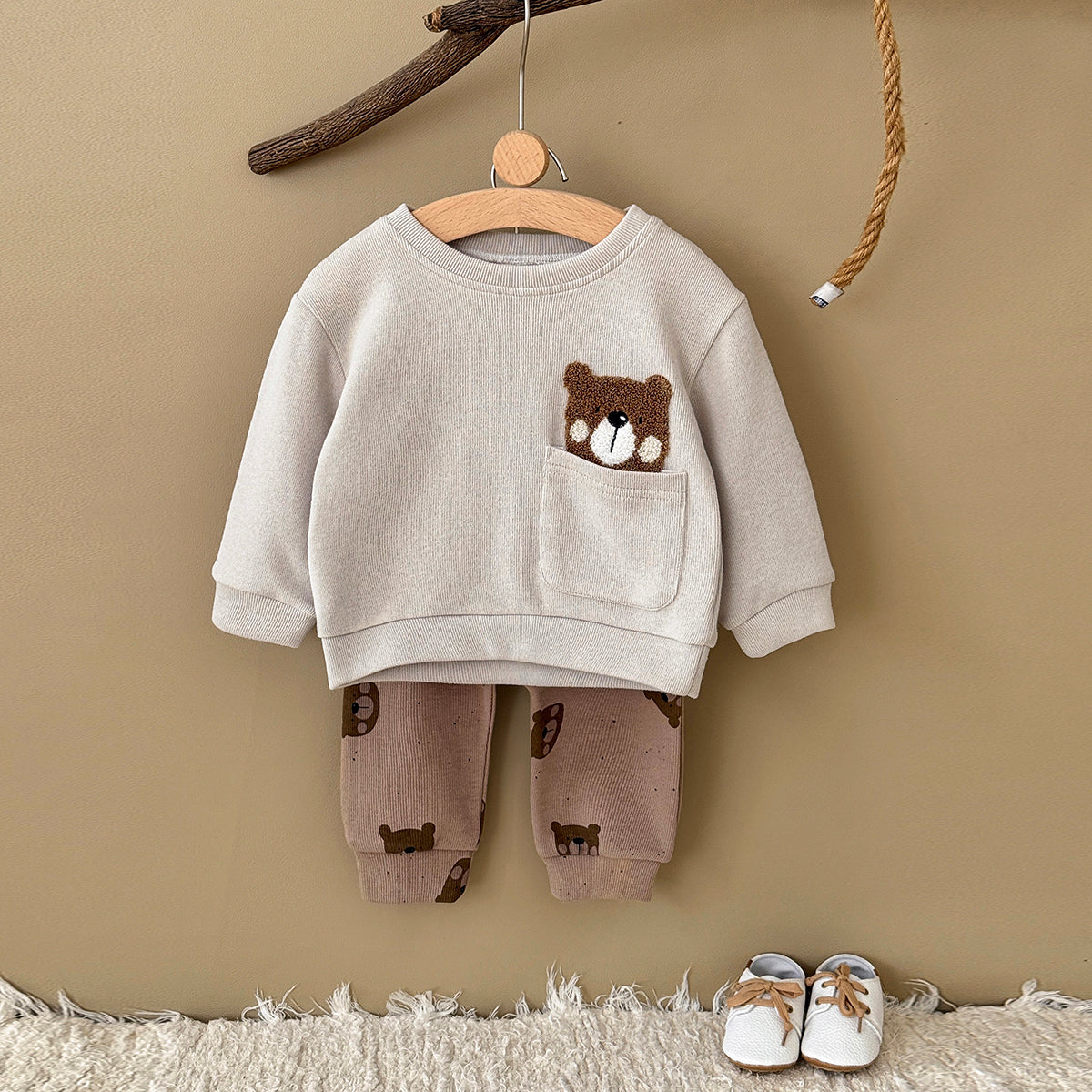 Baby Bear Embroidered Top and Printed Pants Outfit Set 6Months-3Years
