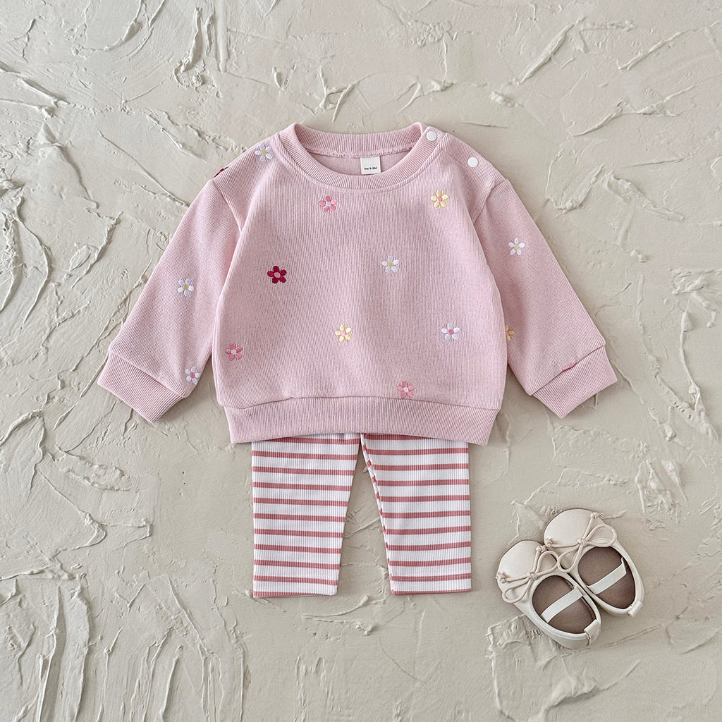 Cute Baby Girl Outfit, Allover Floral Sweatshirt With Pink Striped Pants