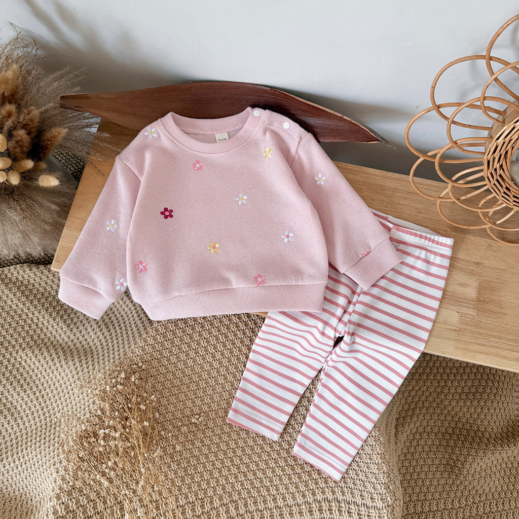 Cute Baby Girl Outfit, Allover Floral Sweatshirt With Pink Striped Pants