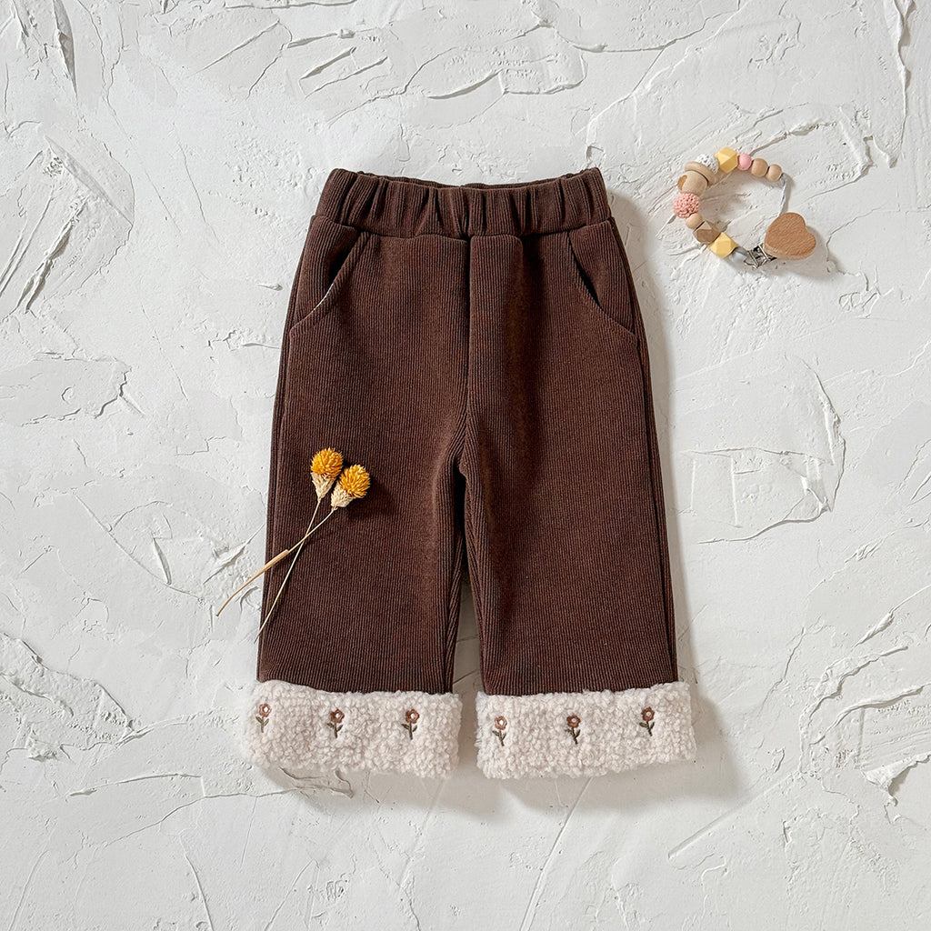 Cute Embroidered Fleece Cuff Kids Winter Pants Elastic Waist Corduroy Girls Pants