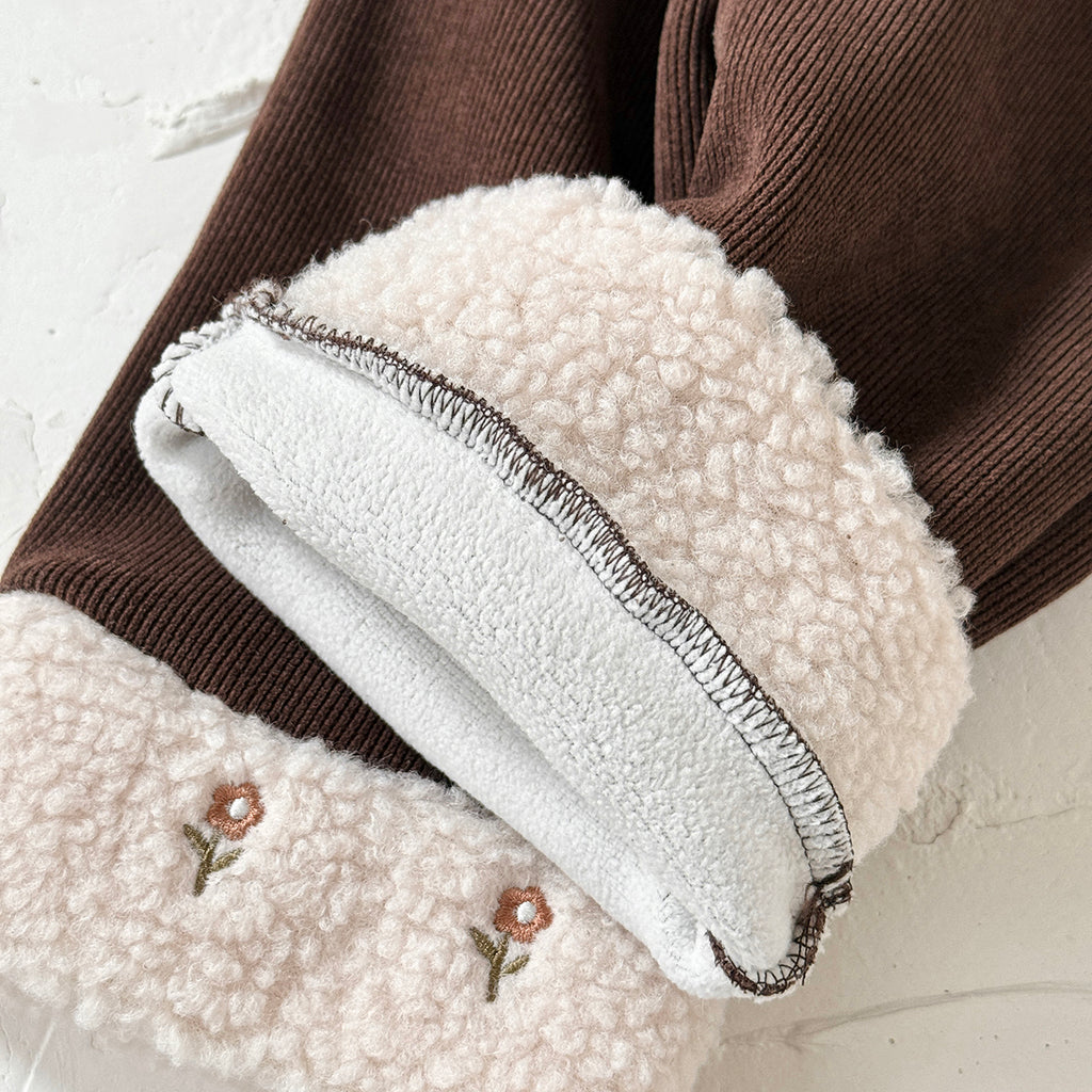 Cute Embroidered Fleece Cuff Kids Winter Pants Elastic Waist Corduroy Girls Pants