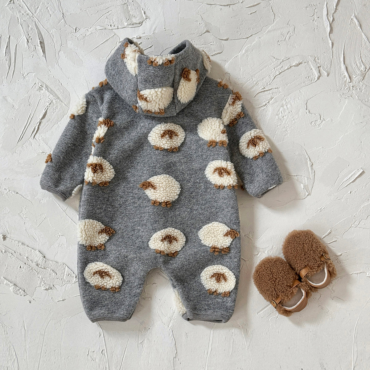 3D Sheep Hooded Romper Grey Long Sleeve Newborn Winter Outfit