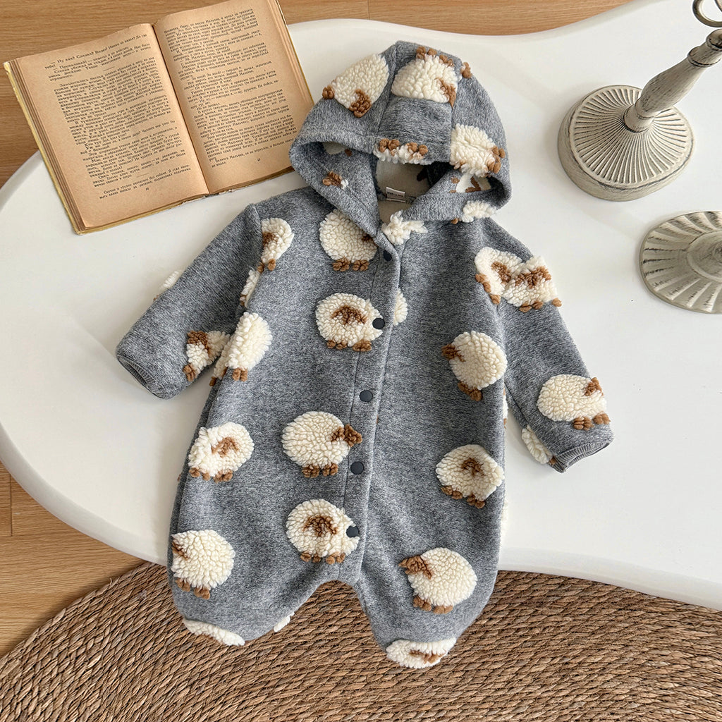 3D Sheep Hooded Romper Grey Long Sleeve Newborn Winter Outfit