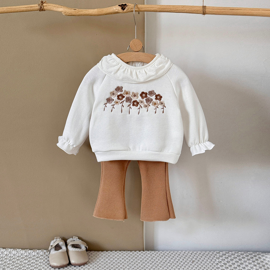 White flower embroidered baby girl pants set