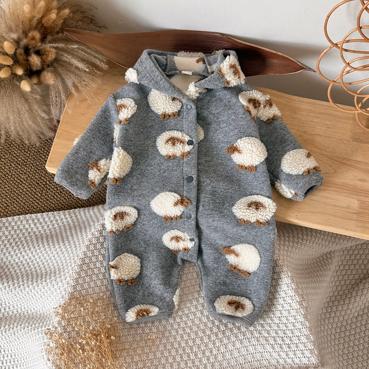 3D Sheep Hooded Romper Grey Long Sleeve Newborn Winter Outfit
