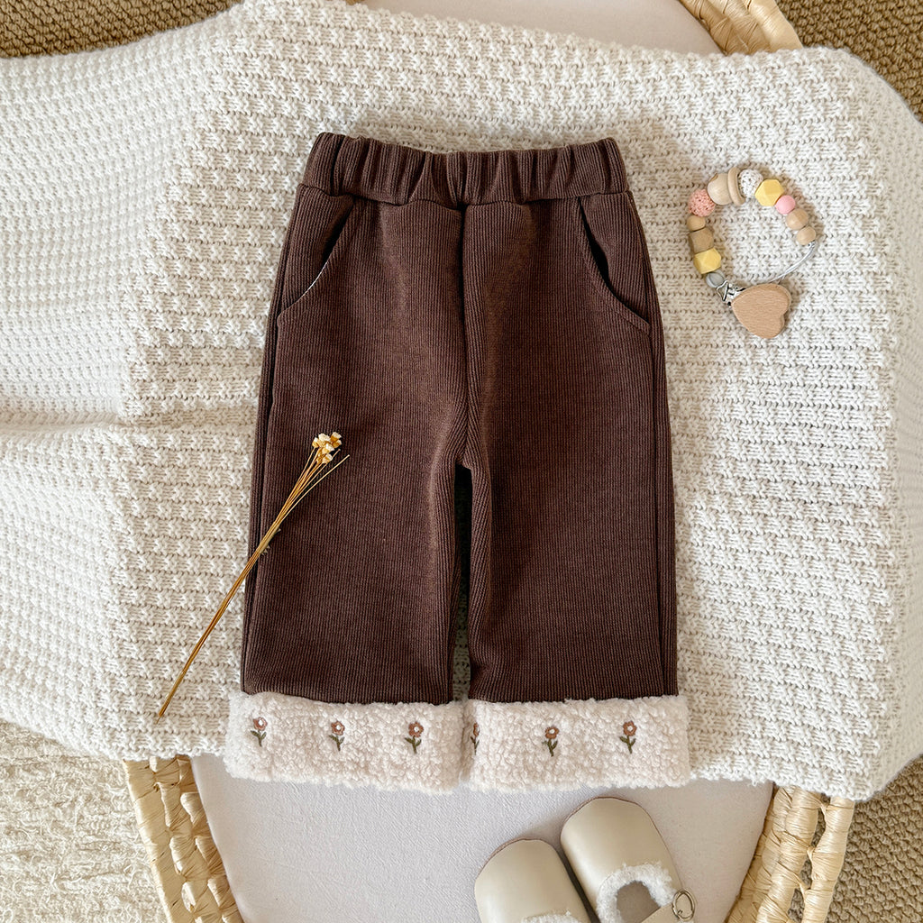 Cute Embroidered Fleece Cuff Kids Winter Pants Elastic Waist Corduroy Girls Pants
