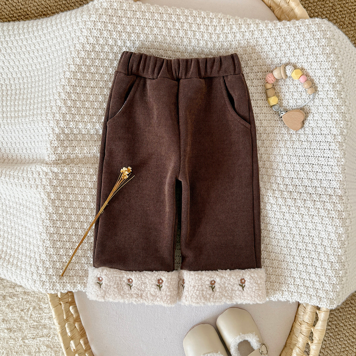 Cute Embroidered Fleece Cuff Kids Winter Pants Elastic Waist Corduroy Girls Pants