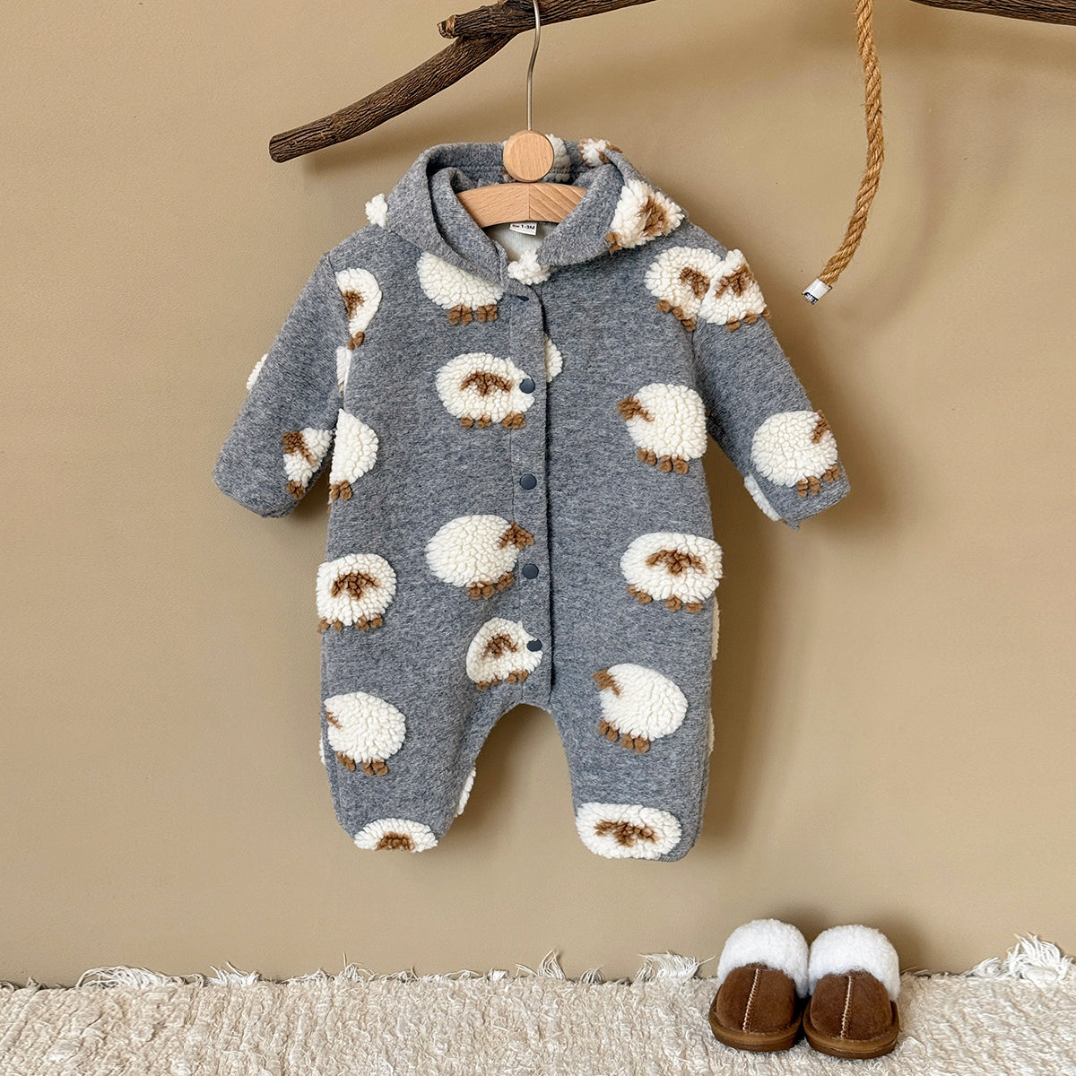 3D Sheep Hooded Romper Grey Long Sleeve Newborn Winter Outfit