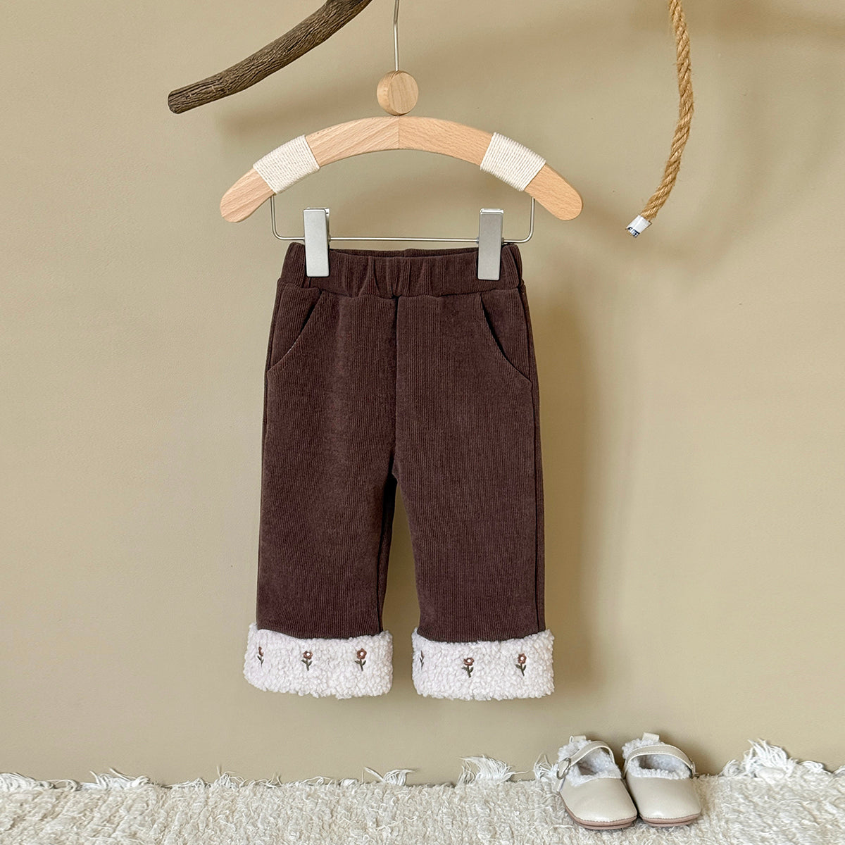 Cute Embroidered Fleece Cuff Kids Winter Pants Elastic Waist Corduroy Girls Pants