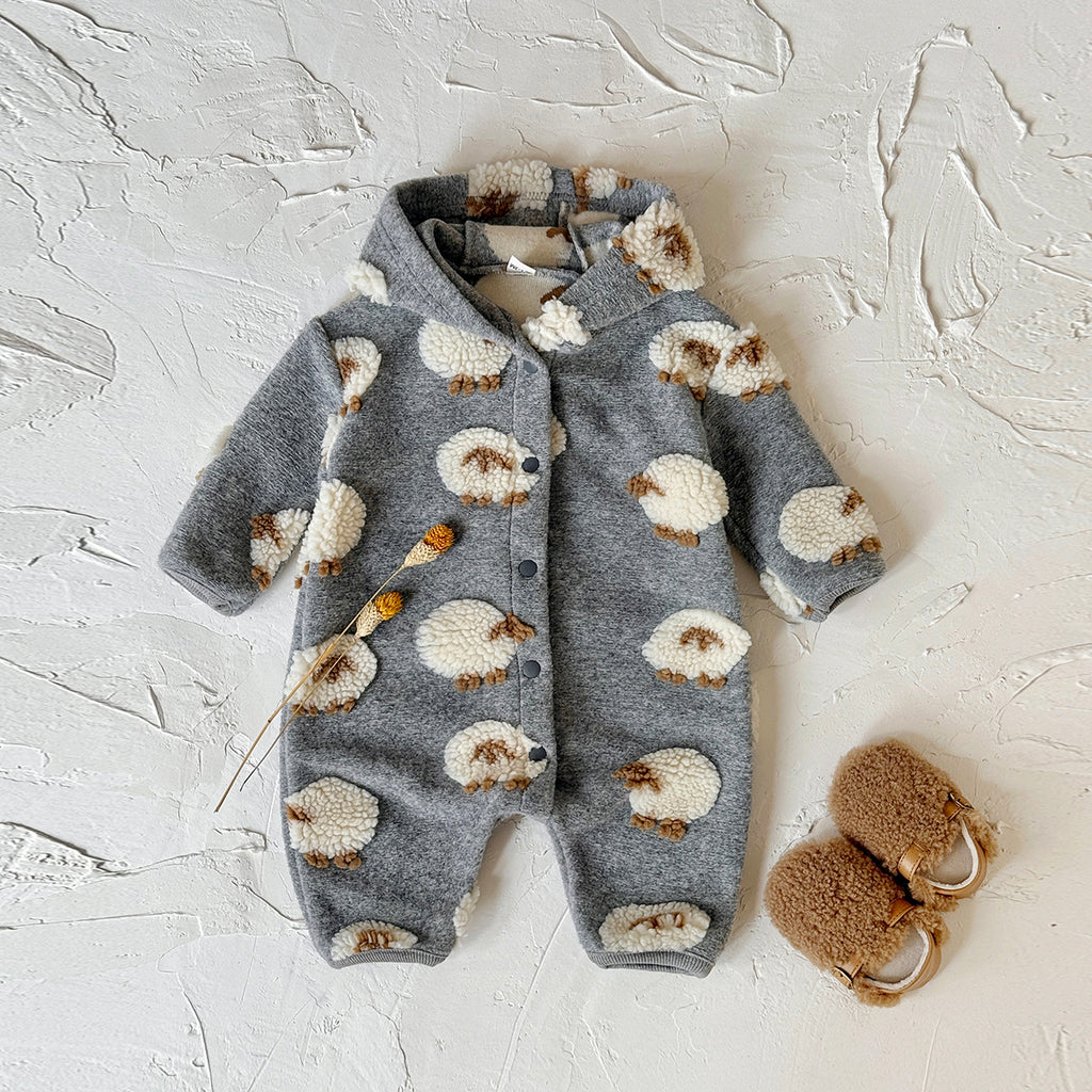 3D Sheep Hooded Romper Grey Long Sleeve Newborn Winter Outfit