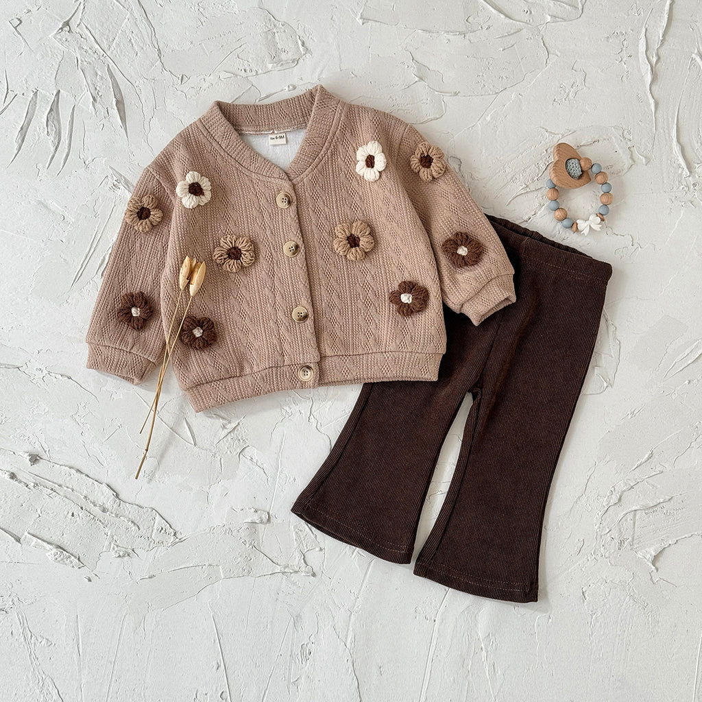 Art Style Girls Flower Knit Coat Set Soft Rib Slim Fit Flare Leggings