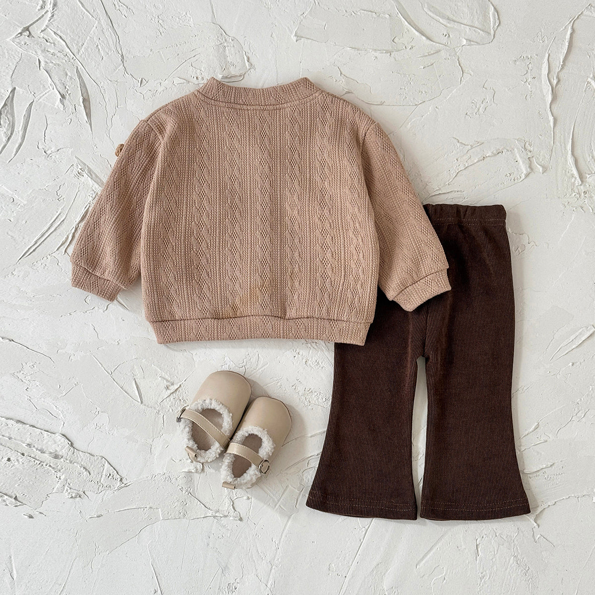 Art Style Girls Flower Knit Coat Set Soft Rib Slim Fit Flare Leggings