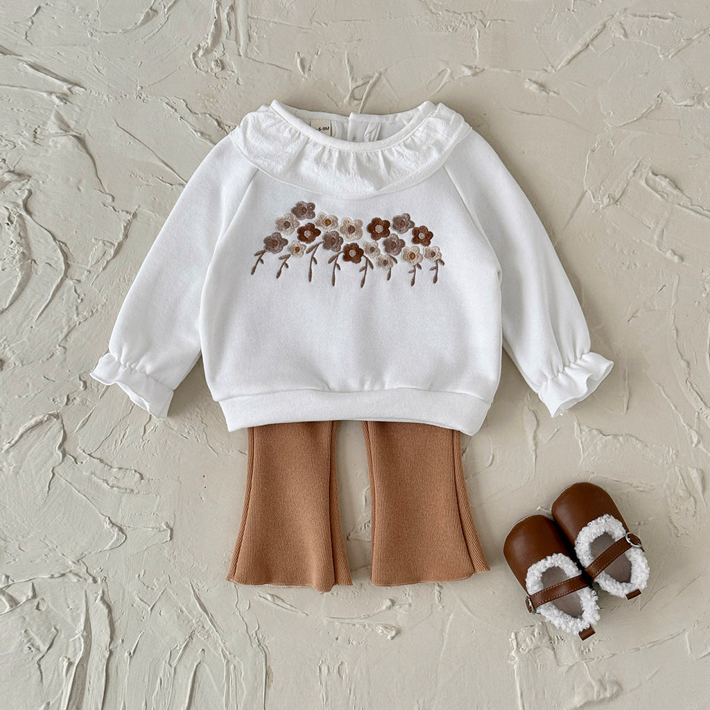 White flower embroidered baby girl pants set