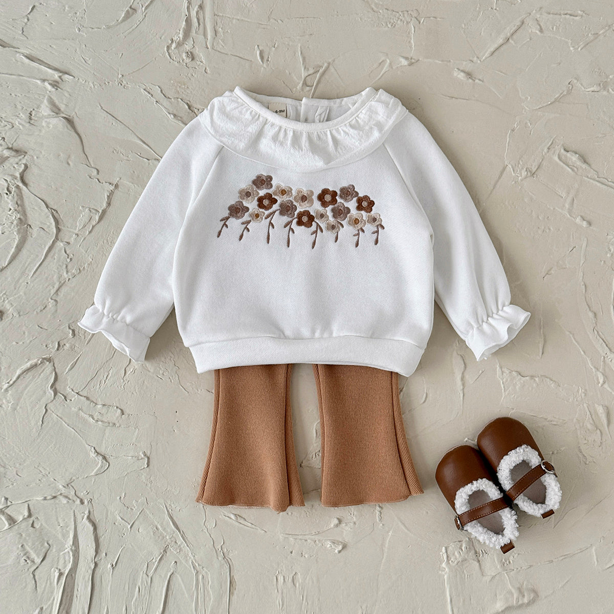 White flower embroidered baby girl pants set