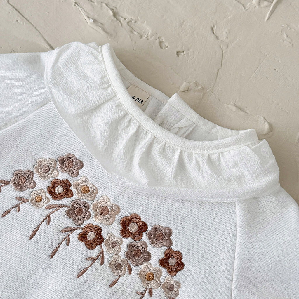 White flower embroidered baby girl pants set