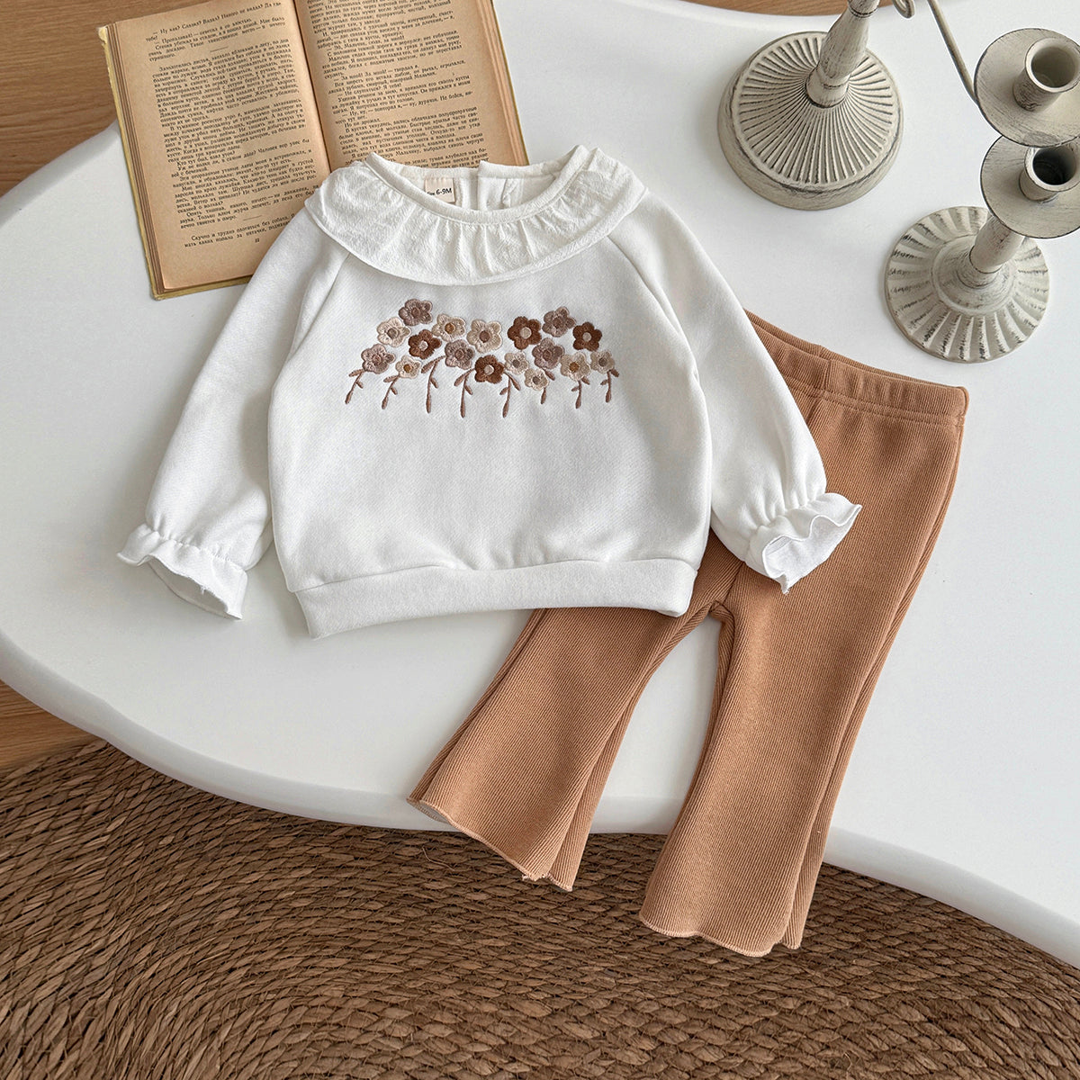 White flower embroidered baby girl pants set