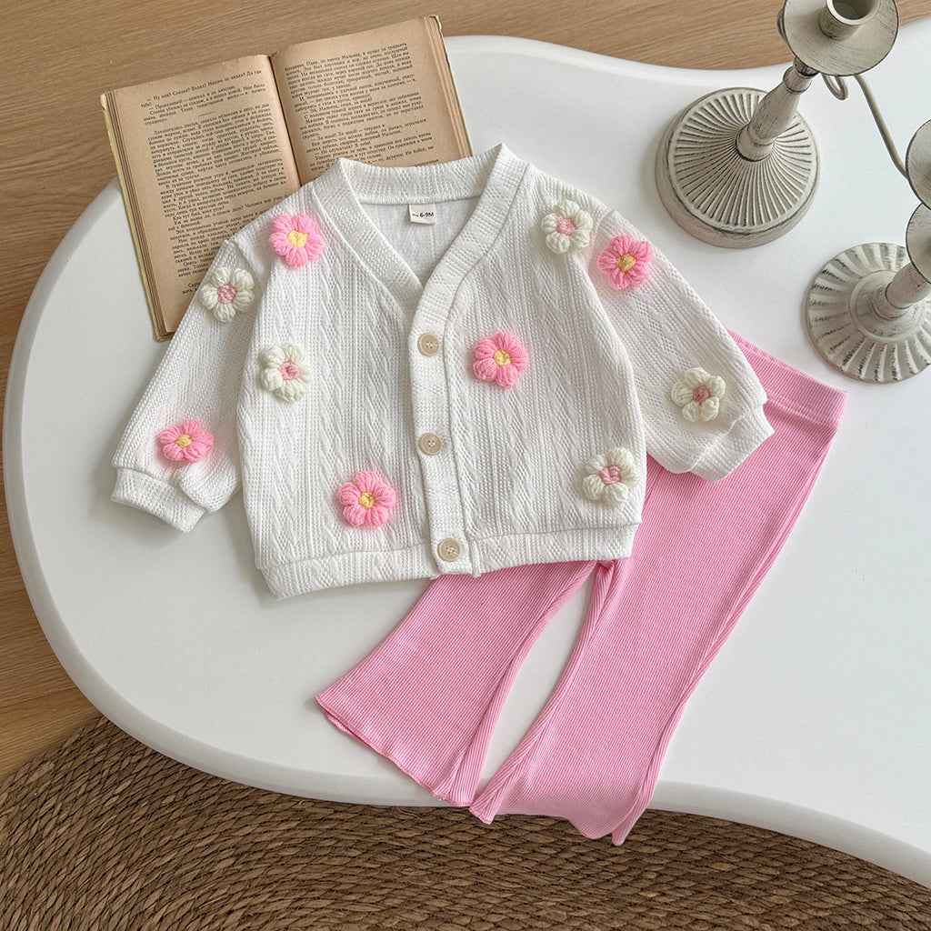 Baby girl three-dimensional flower long sleeved pants set 0-3 years old