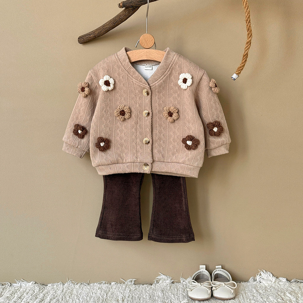 Art Style Girls Flower Knit Coat Set Soft Rib Slim Fit Flare Leggings