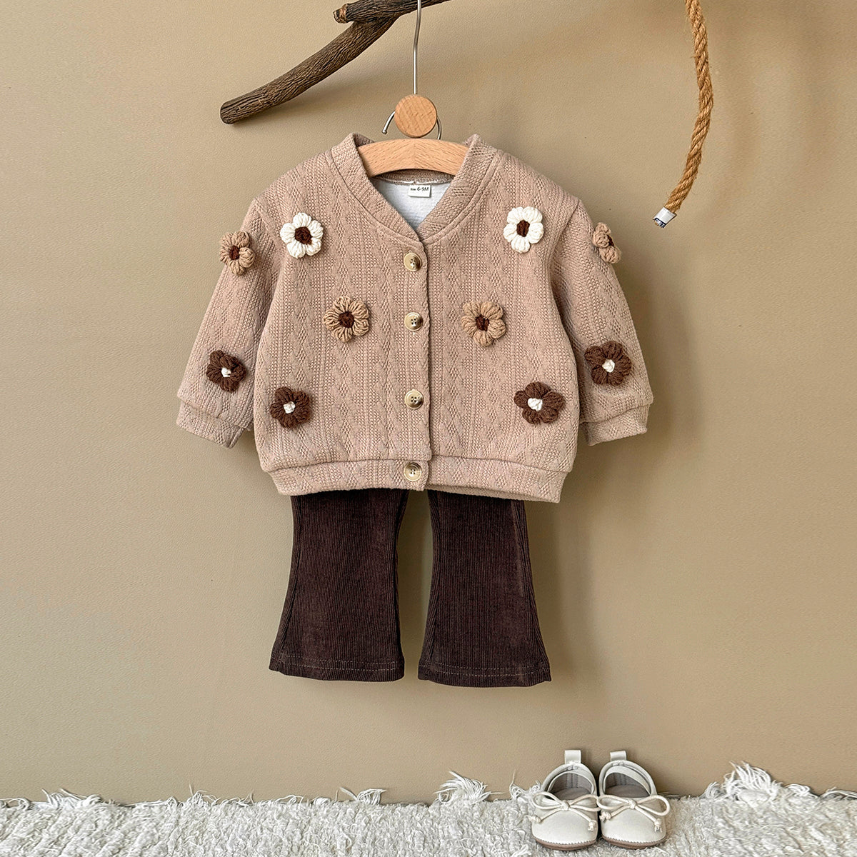 Art Style Girls Flower Knit Coat Set Soft Rib Slim Fit Flare Leggings