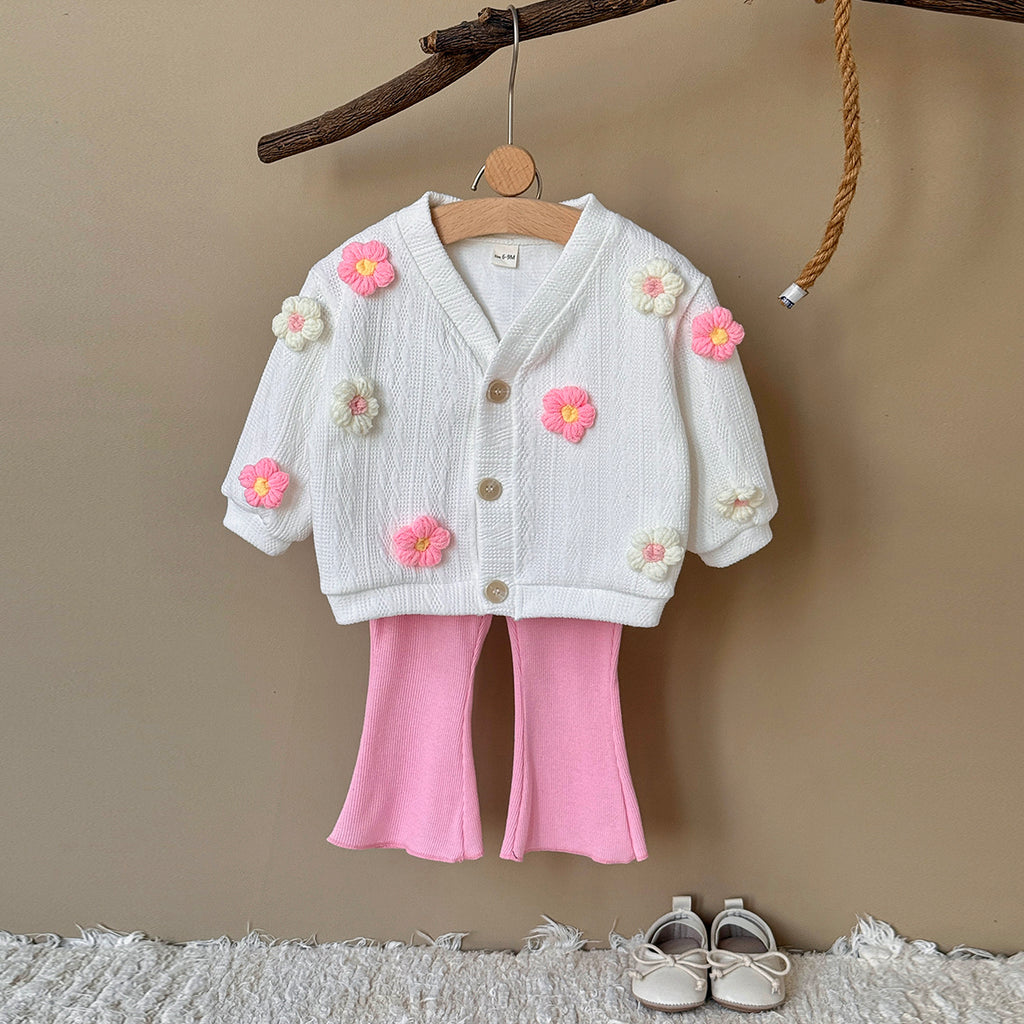 Baby girl three-dimensional flower long sleeved pants set 0-3 years old