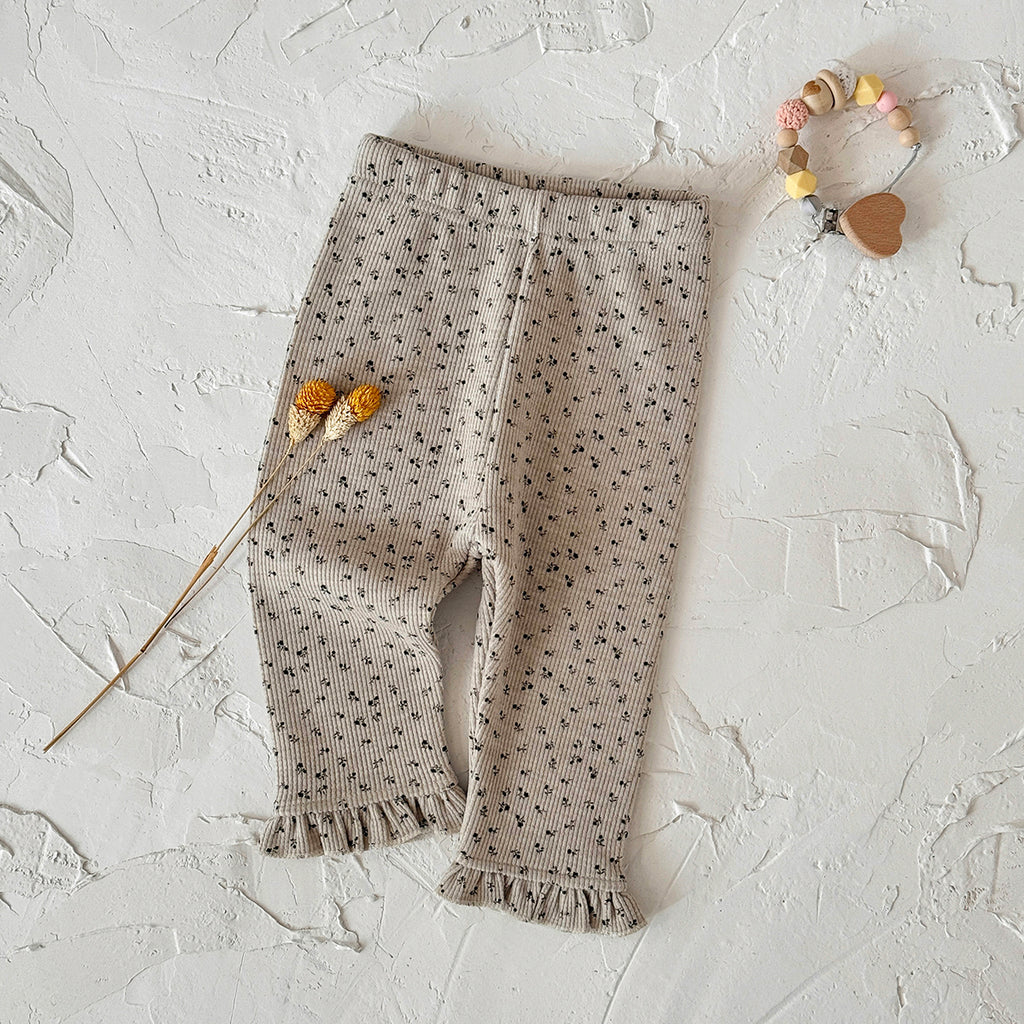 Simple Floral Baby Thin Fleece Leggings Ruffle Hem Stretchy Fit Trousers