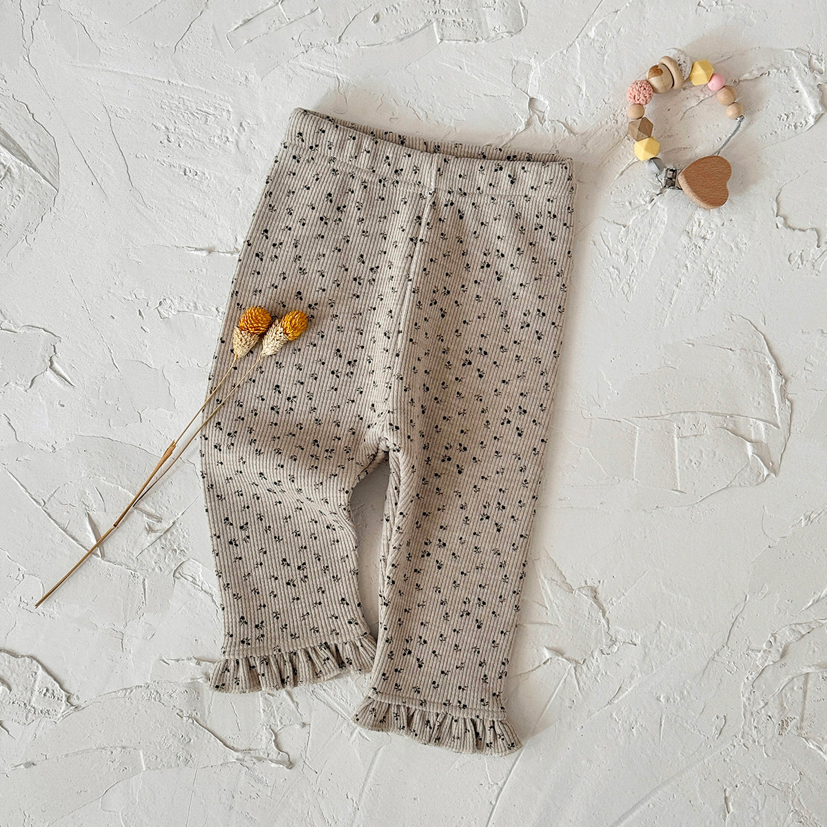 Simple Floral Baby Thin Fleece Leggings Ruffle Hem Stretchy Fit Trousers