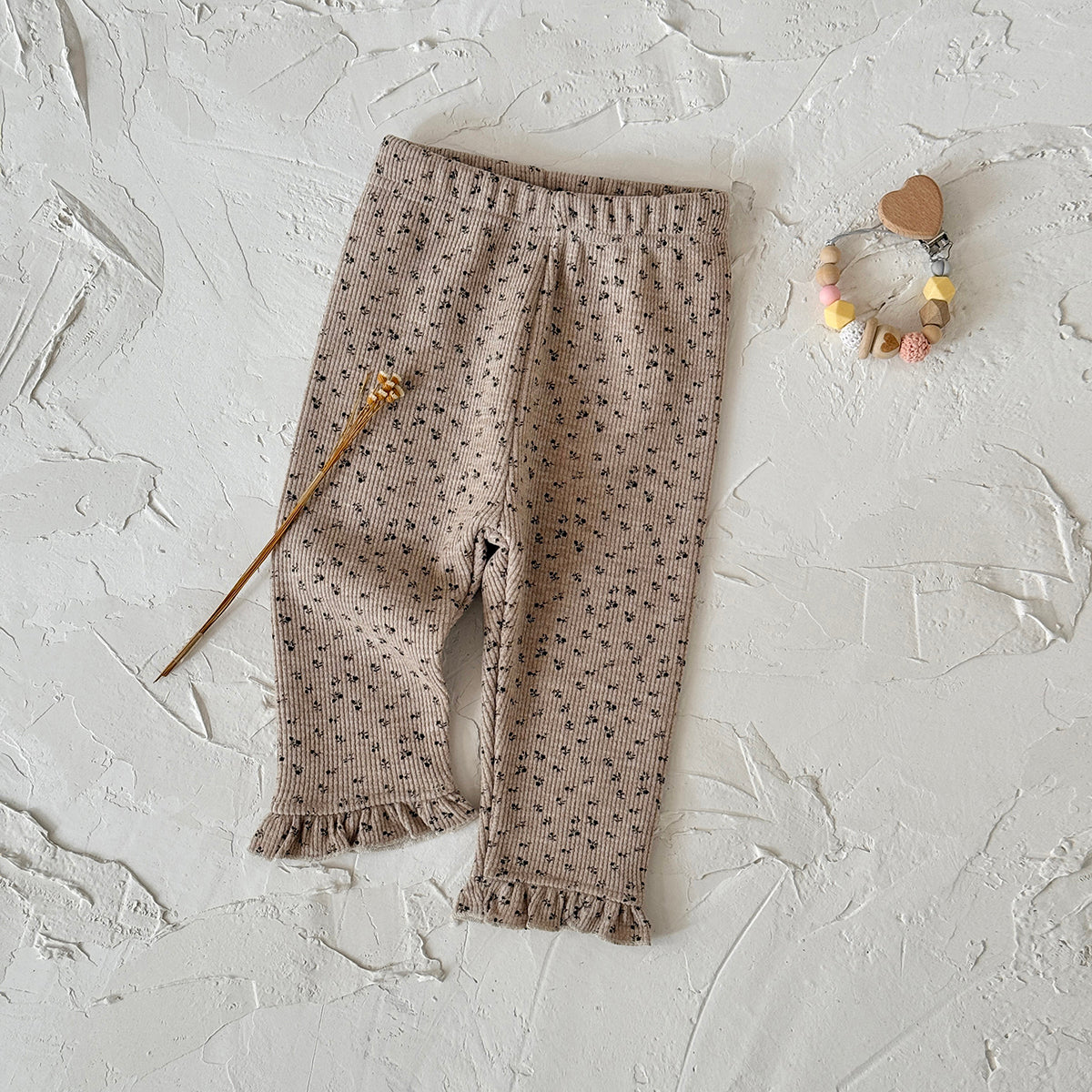 Simple Floral Baby Thin Fleece Leggings Ruffle Hem Stretchy Fit Trousers