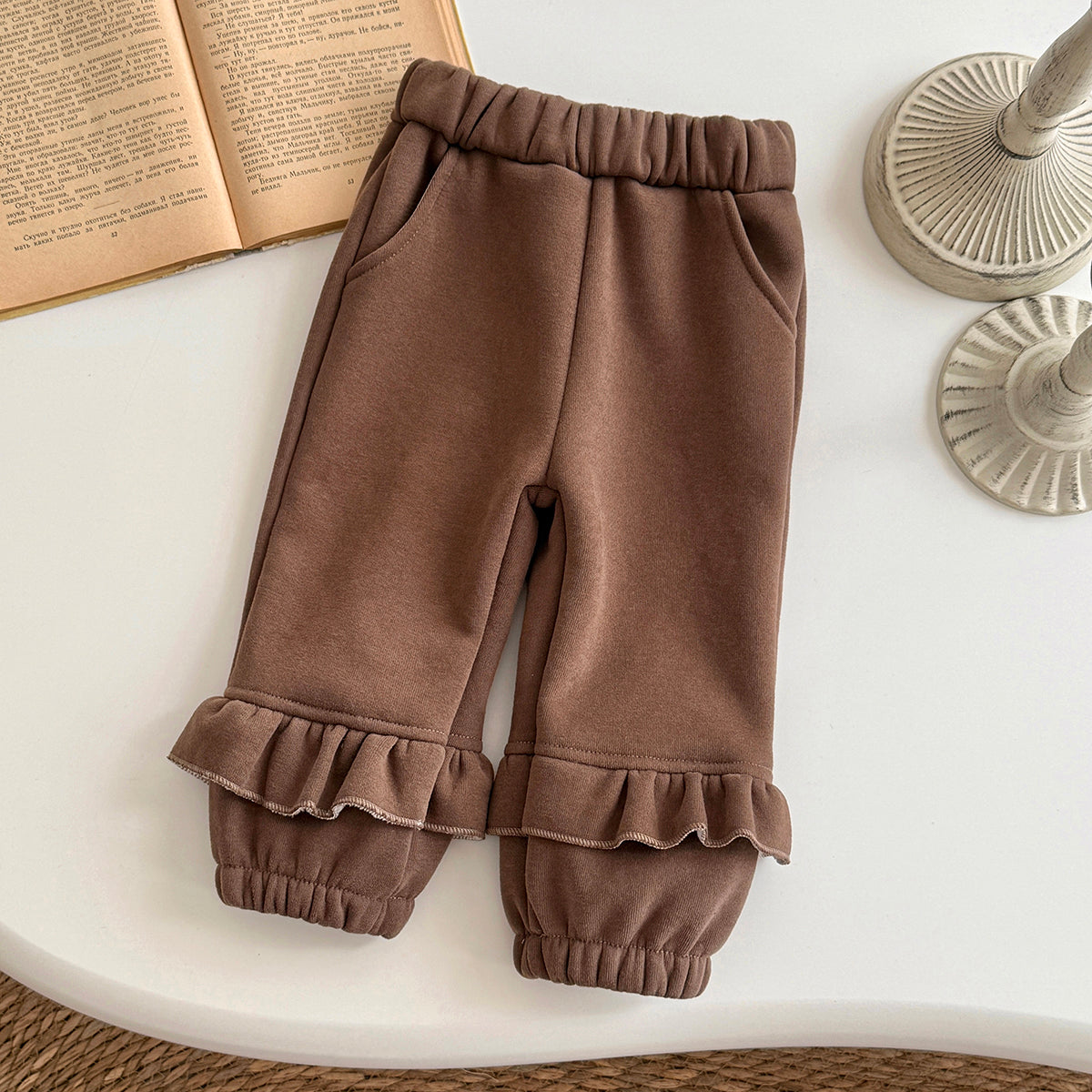 Forest Style Girls Thick Winter Sweatpants Ruffle Hem Infant Warm Trousers