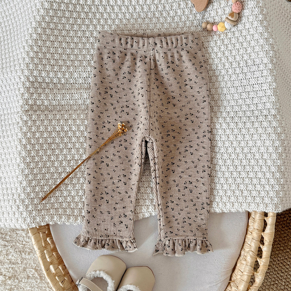 Simple Floral Baby Thin Fleece Leggings Ruffle Hem Stretchy Fit Trousers