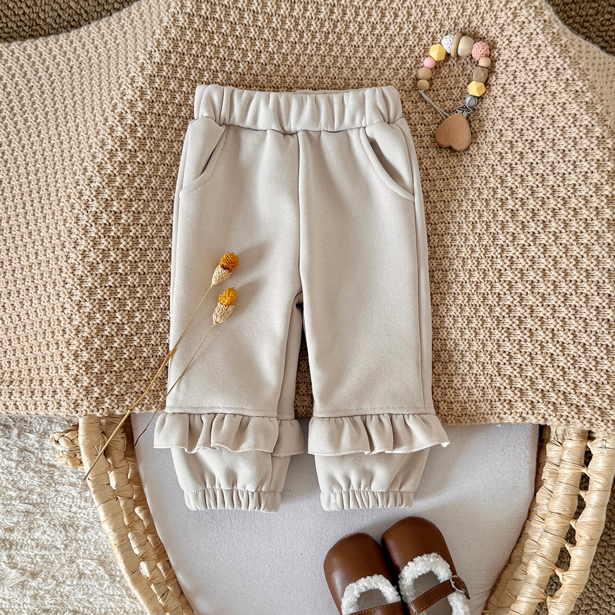 Forest Style Girls Thick Winter Sweatpants Ruffle Hem Infant Warm Trousers