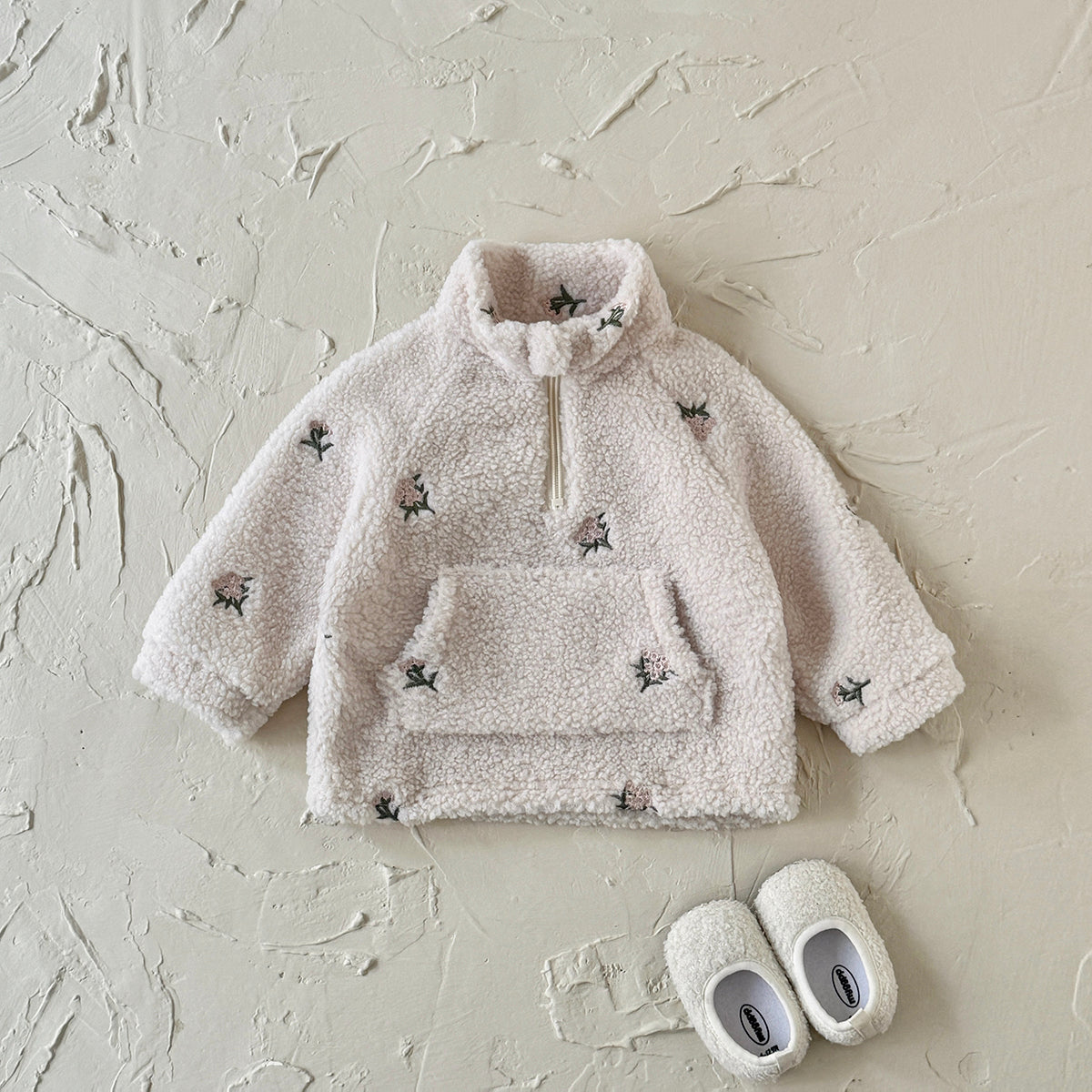 Toddler Half-Zip Sherpa Fleece Jacket, Floral Embroidery Warm Kids Outerwear