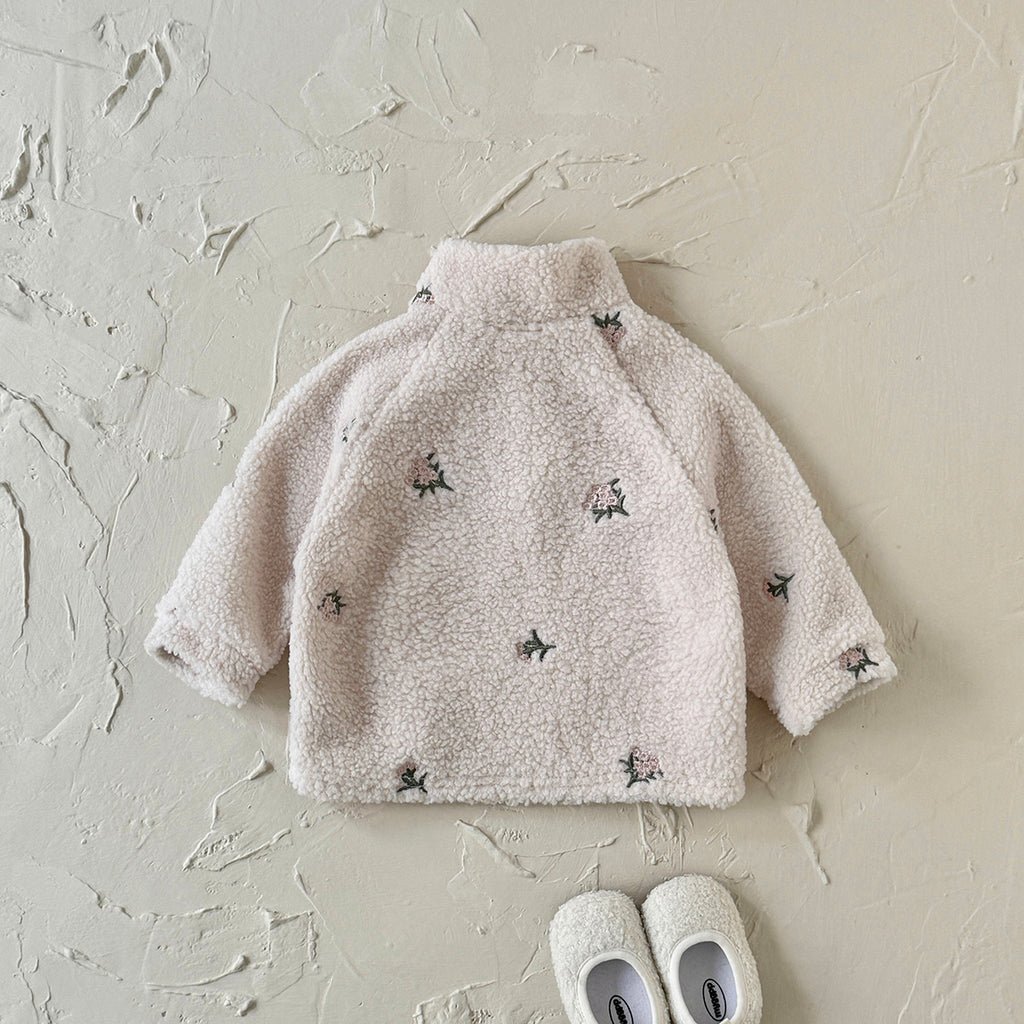 Toddler Half-Zip Sherpa Fleece Jacket, Floral Embroidery Warm Kids Outerwear