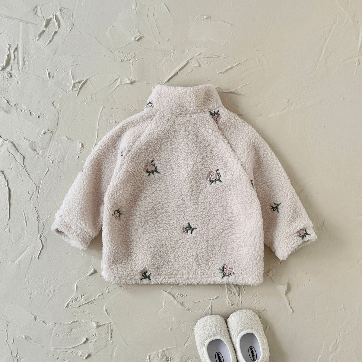 Toddler Half-Zip Sherpa Fleece Jacket, Floral Embroidery Warm Kids Outerwear