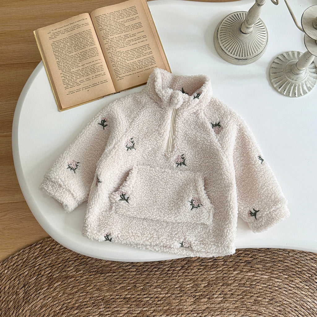 Toddler Half-Zip Sherpa Fleece Jacket, Floral Embroidery Warm Kids Outerwear