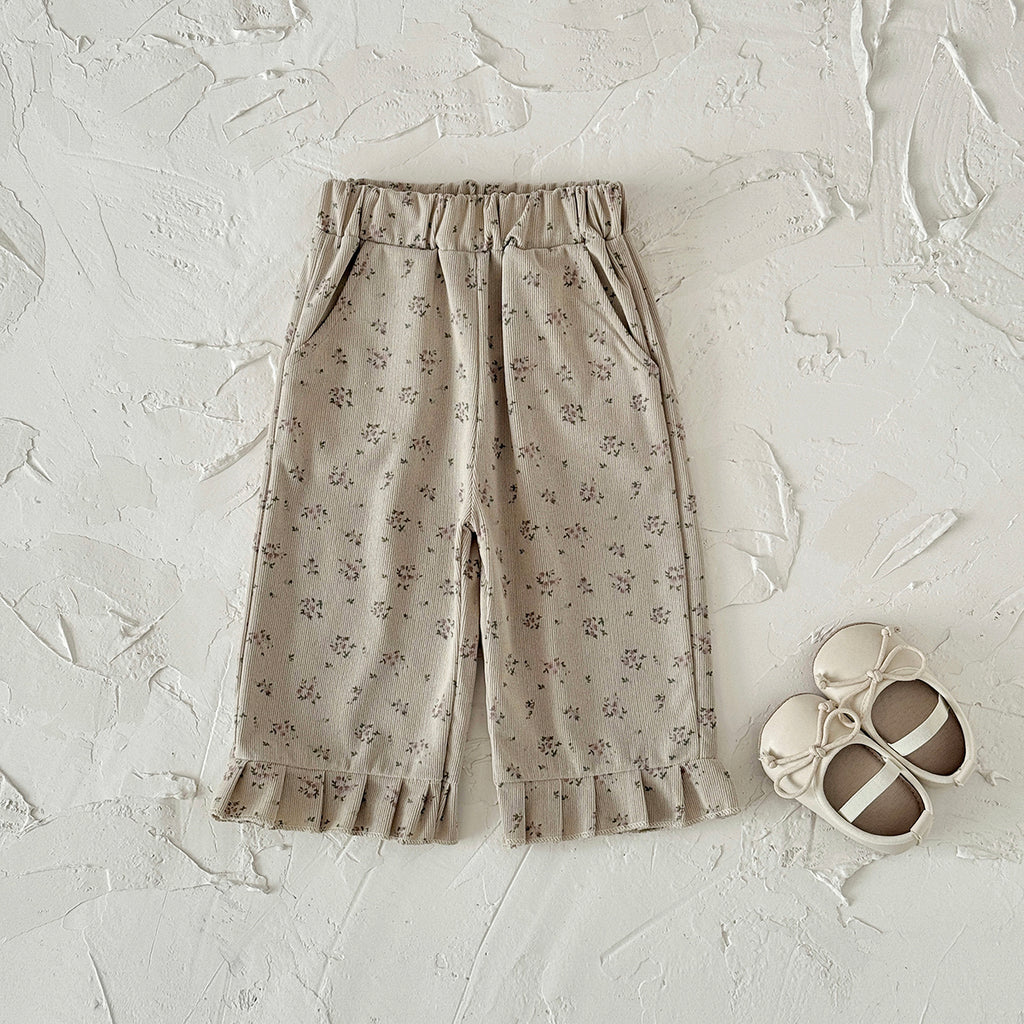 Simple Forest Girls Floral Pants Rib Texture Ruffle Hem Toddler Casual Pants