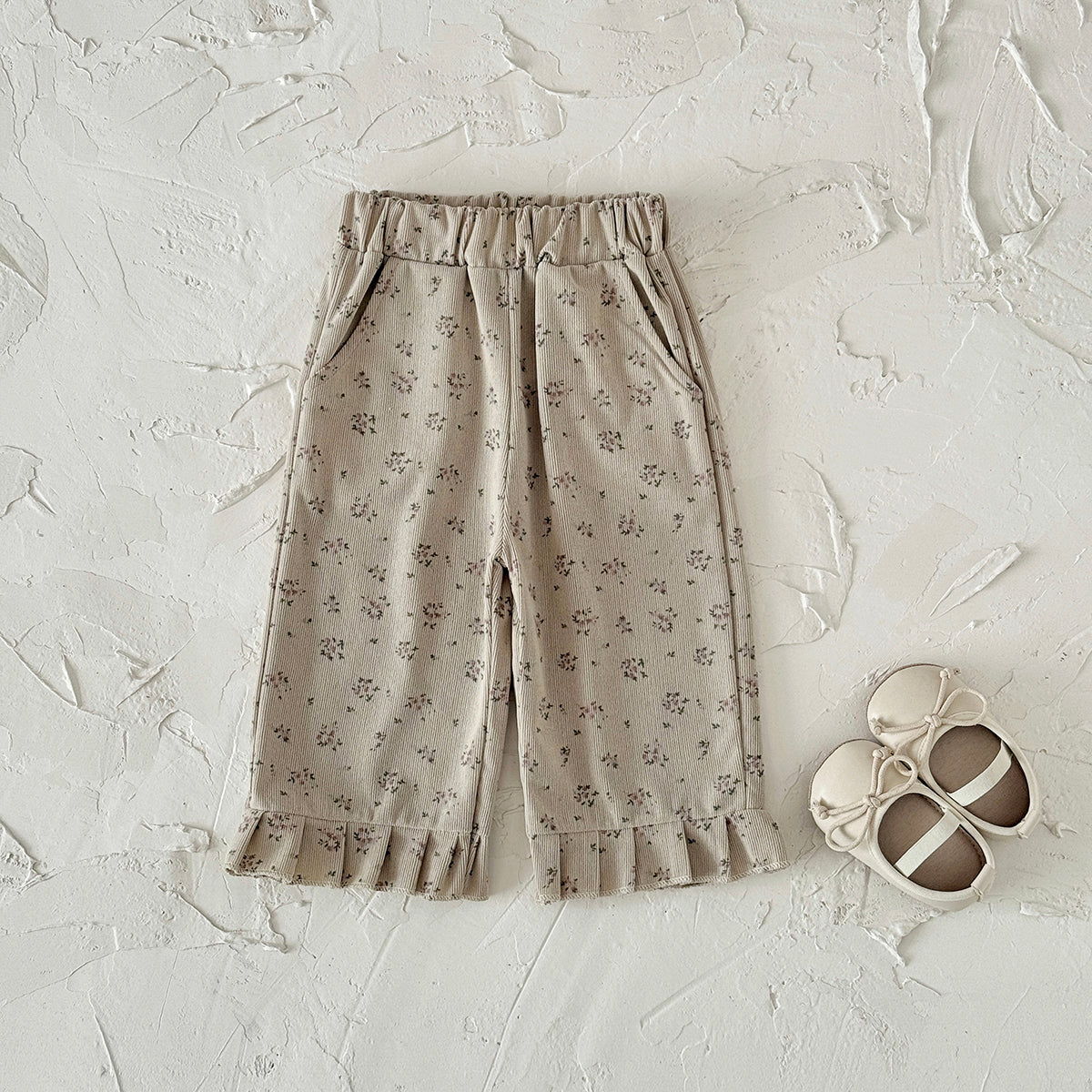 Simple Forest Girls Floral Pants Rib Texture Ruffle Hem Toddler Casual Pants