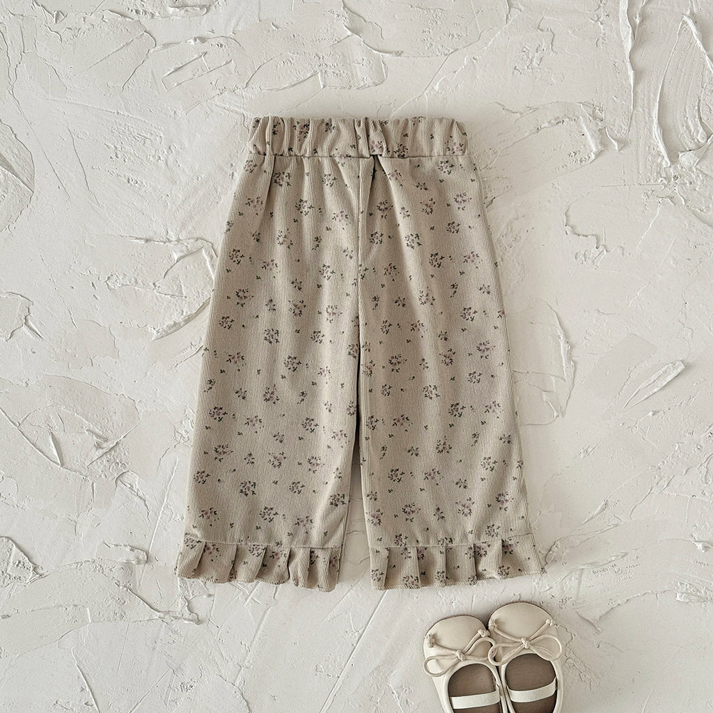 Simple Forest Girls Floral Pants Rib Texture Ruffle Hem Toddler Casual Pants